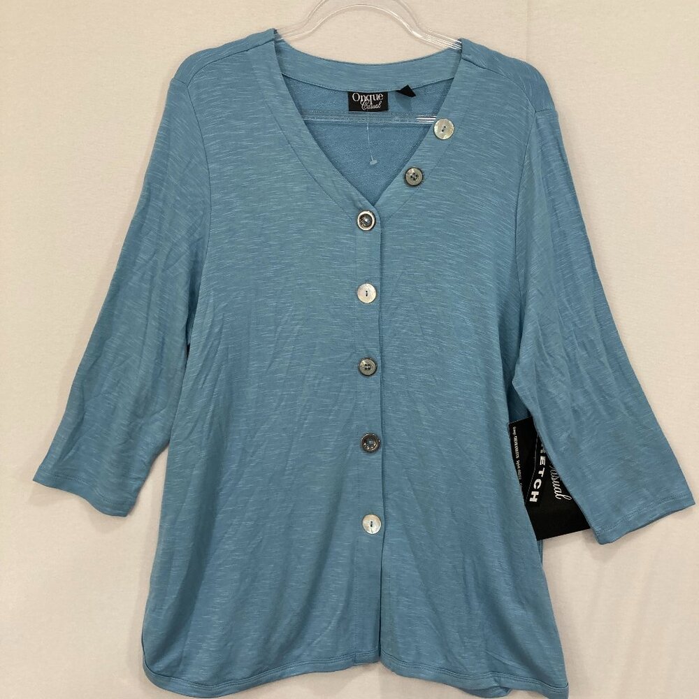 New Onque Casuals Top size XL Blue V-neck 3/4 Sleeve Stretch Knit Button Artsy